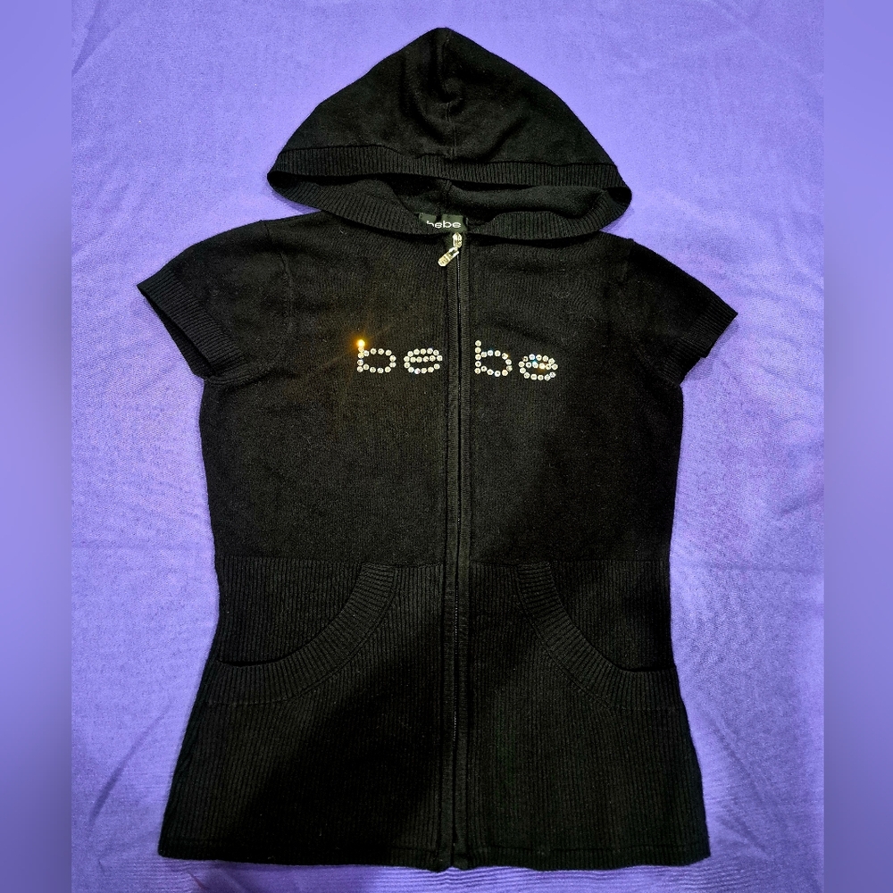 bebe Black Short Sleeve Hooded Zip Sweater with Rhinestone Logo